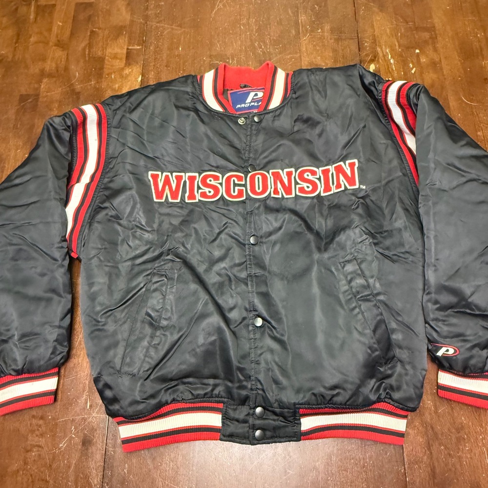 Vintage Pro Player Wisconsin Bomber Jacket Mens Medium Black Varsity Satin Nylon